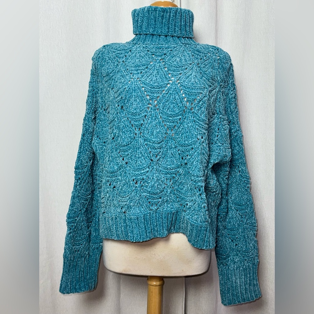 POL Oversized Chunky Knit Turquoise Cropped Turtleneck Sweater Large Boho Casual